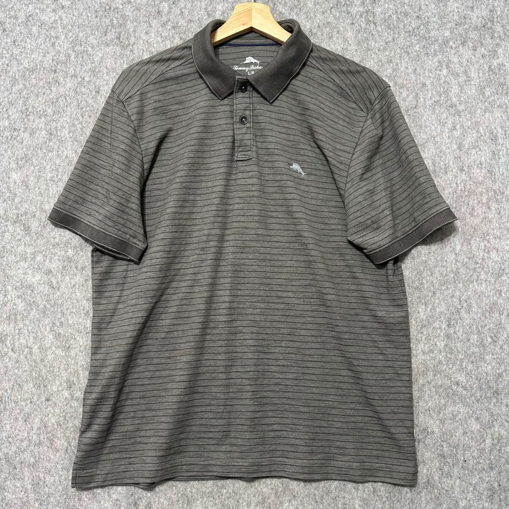 Tommy‎ Bahama Mens Large Gray Striped Short Sleeve Polo Shirt Cotton Blend